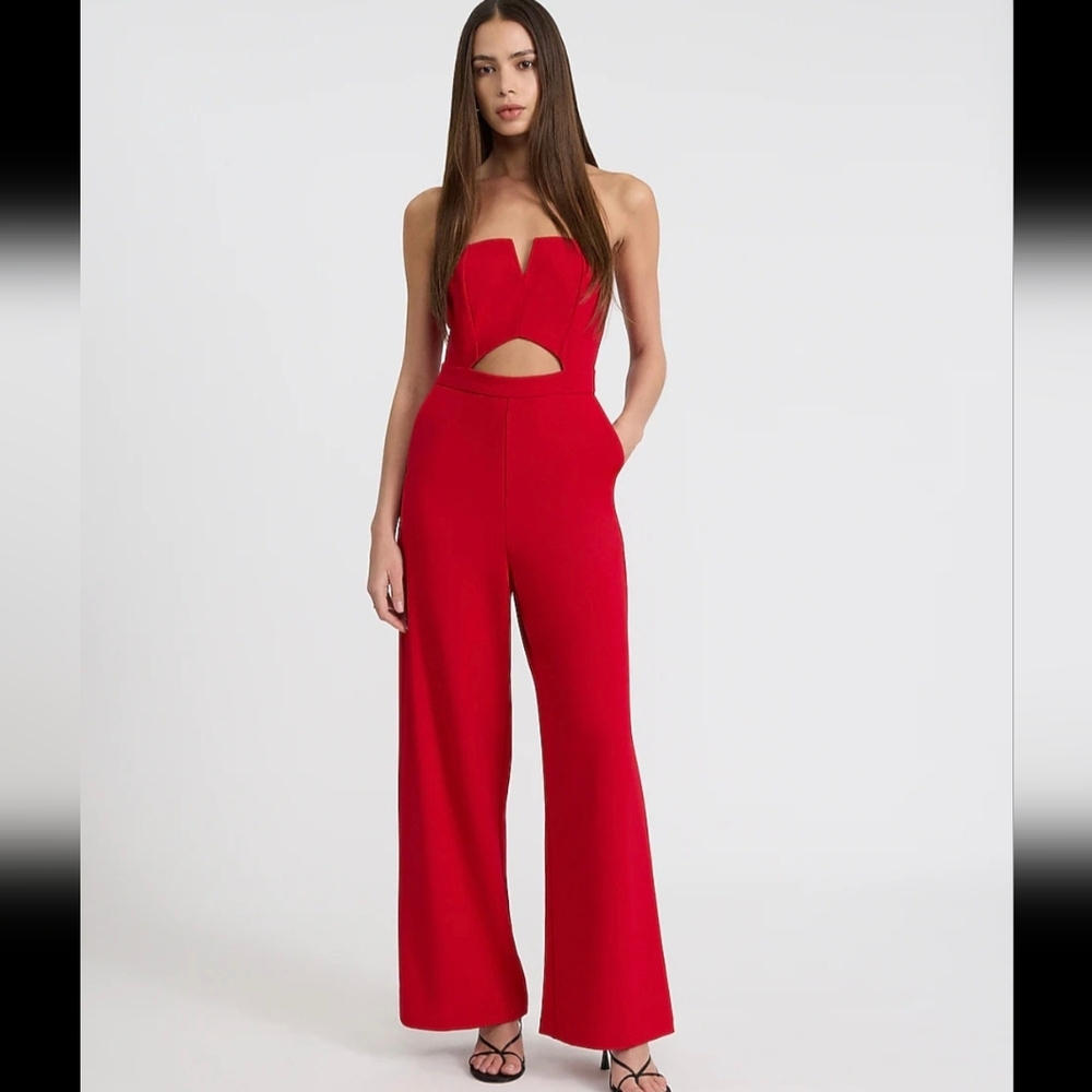 Express Red Strapless Cutout Wide-Leg Jumpsuit